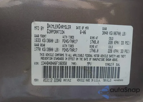 2006 Dodge Durango Slt z USA, uszkodzony, nr VIN 1D4HB48N06F186958